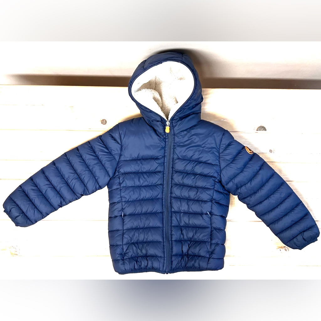 Save The Duck Sz6 Unisex Girl Boy Gigay Faux Fur Blue Hooded Puffer Coat Jacket